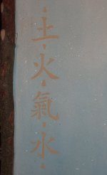 Chinesische Schriftzeichen in Schablonentechnik auf hellblauem Lehmputz